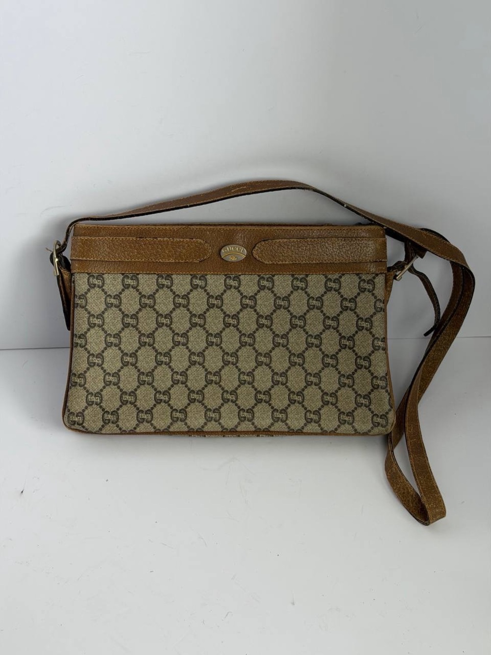 Gucci Plus Monogram PVC Brown Leather Trim Crossbody Bag
